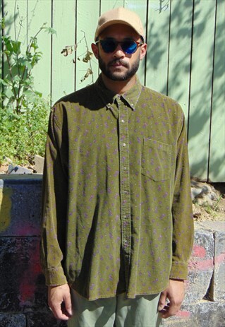 90S PREPPY SKATER FLORAL OXFORD CORDUROY SHIRT XL