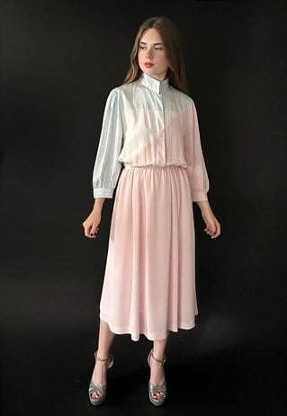 Louis Feraud 80's Pink White Grey Stripe Midi Dress