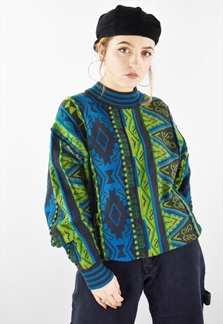 90S VINTAGE FRESH PRINCE HIGH NECK CRAZY PRINT KNIT JUMPER