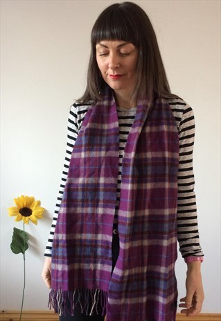 VINTAGE PURPLE & WHITE WOOL TARTAN SCARF