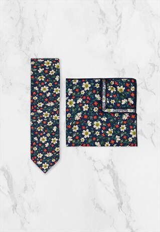 NAVY COTTON FLORAL WEDDING TIE & POCKET SQUARE SET