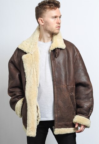 VINTAGE LEATHER AVIATOR FLEECE SHEEPSKIN JACKET COAT