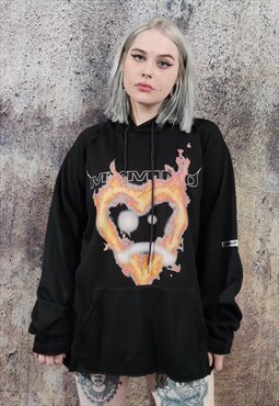 Heart print hoodie oversize grunge flame pullover in black