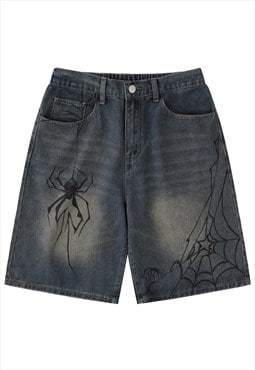 Spider web denim shorts grunge acid wash jean skater pants