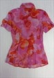 90'S VINTAGE SHIRT PINK ORANGE FLORAL SHORT SLEEVE