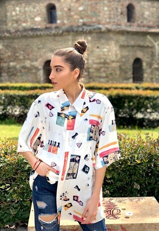 VINTAGE 80'S MULTICOLOR PRINTED SHORT SLEEVE SHIRT FESTIVAL