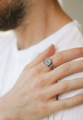 RING FOR MEN EVIL EYE COIN SILVER PLATED ADJUSTABLE JEWELRY