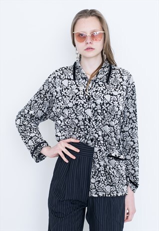 VINTAGE WHITE VELVET FLORAL LONG SLEEVE RETRO SHIRT