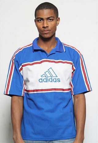 VINTAGE ADIDAS BIG LOGO SHORT SLEEVE POLO T-SHIRT BLUE