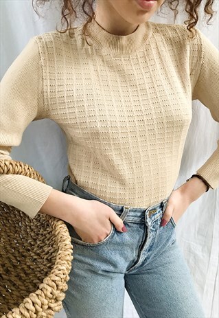 VINTAGE 70S MOD NUDE TUTLENECK PETITE KNIT JUMPER SWEATER