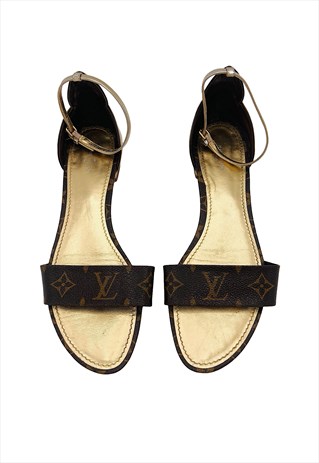 Louis Vuitton Sandals Logo Monogram LV Flat Brown Gold EU 39