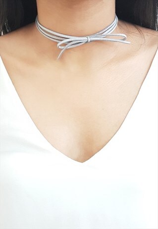 GREY SUEDE BOW CHOKER NECKLACE