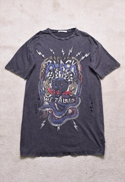 Women's Replay Grey Black Distressed RIP Rock Dress T Shirt 