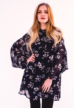 Floral and butterfly print chiffon maxi flowy shirt 