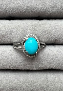 Vintage Silver Ring diamante Oval Turquoise Blue stone