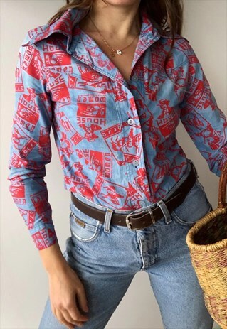 VINTAGE 60S WESTERN SALOON PRINT COTTON SHIRT TOP BLOUSE