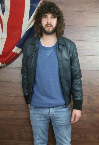 VINTAGE NAVY LEATHER MOD STYLE BOMBER JACKET MEDIUM(42)