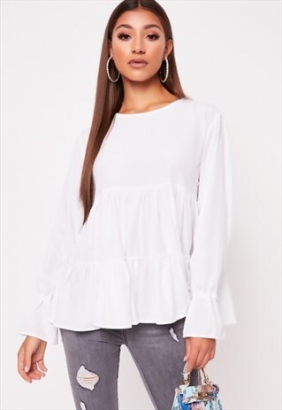 WHITE RUCHED BOW LONG SLEEVE TIERED SHIFT TOP