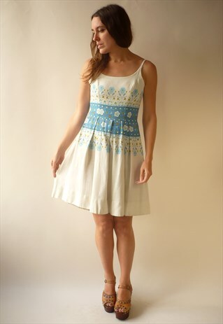 1960'S VINTAGE WHITE & TURQUOISE FLORAL PRINTED DRESS