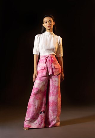 HIGH-WAISTED STRAIGHT PANTS WITH FLAP POCKETS IN PINK PRINT