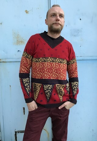 VINTAGE 90' UNIQUE BEAUTIFUL RED WOOL UNISEX JUMPER