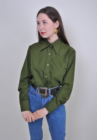 90S MILITARY SHIRT, VINTAGE KHAKI GREEN WOMEN BLOUSE