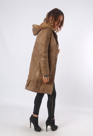 SHEEPSKIN SUEDE LEATHER SHEARLING COAT HOODED UK 6 - 8 (5CA)