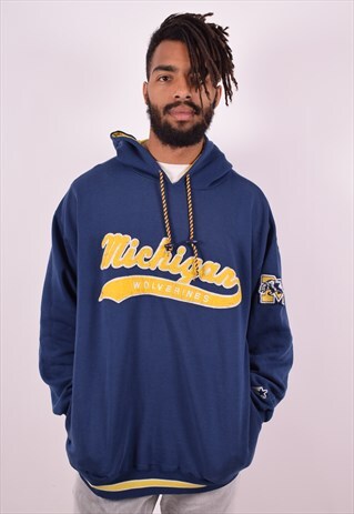 STARTER MENS VINTAGE MICHIGAN HOODIE JUMPER XL BLUE 90S