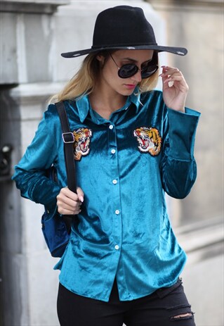 VELVET SHIRT WITH TIGER EMBROIDERY