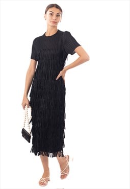 Pleated Midi dress with multi layer fringed tassel design