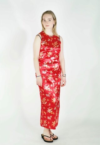 VINTAGE 90S RED CHEONGSAM ASIAN ORIENTAL FLORAL SATIN DRESS