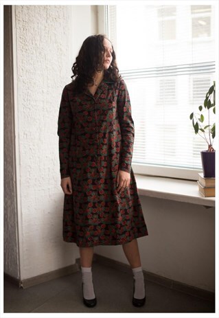 VINTAGE 80'S PATTERNED LONG SLEEVED MIDI LONG SLEEVED DRESS