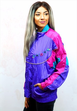 1990S VINTAGE PURPLE AND PINK FLORAL SHELL TRACK JACKET