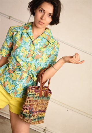 70'S RETRO MOD HIPPIE PSYCHEDELIC FLORAL PRINT TOP