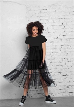 Jersey tee black dress with tiered net ruffles 