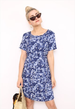 VINTAGE 90S BLUE FLORAL PRINT MINI DRESS