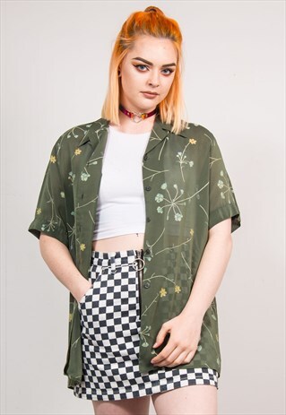 90'S VINTAGE GREEN SHEER FLORAL PATTERN OPEN COLLAR SHIRT
