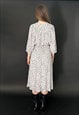 80'S VINTAGE LADIES BLACK WHITE FLORAL 3/4 SLEEVE MIDI DRESS