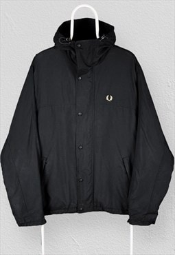 Fred Perry Black Parka Jacket Fleece Lined Mens Large