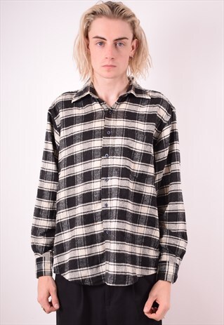 MENS VINTAGE FLANNEL SHIRT MEDIUM BLACK CHECK 90S