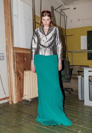 90'S VINTAGE SLIM FIT SHINY RUFFLE PARTY BLAZER IN SILVER