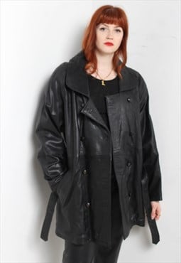 Vintage 80's Oversize Leather Belted Jacket Black