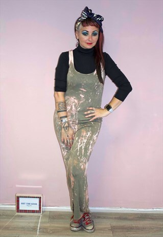PUNK GRUNGE BOHO OLIVE TONED TIE DYE PUNK MAXI DRESS FITTED