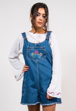 VINTAGE 90'S DARK BLUE EMBROIDERED FLORAL PLAYSUIT DUNGAREES