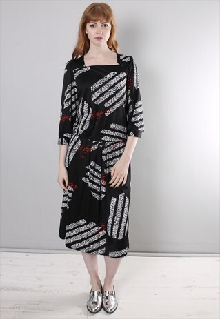 VINTAGE 80S BLACK PATTERNED DROPPED WAIST DRESS