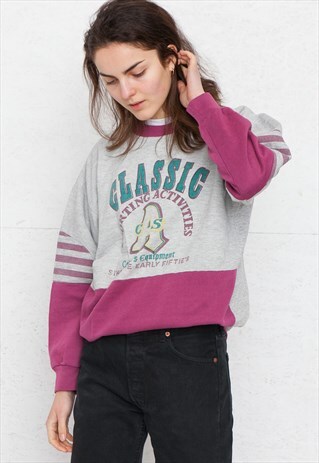 VINTAGE GREY PINK CREW NECK PULLOVER SWEATSHIRT