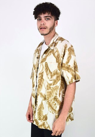 VINTAGE 90'S WHITE & BEIGE LEAVES PATTERN FESTIVAL SHIRT