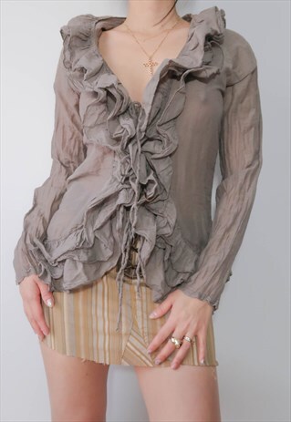 VINTAGE FAIRY GRUNGE GREY RUFFLE BLOUSE