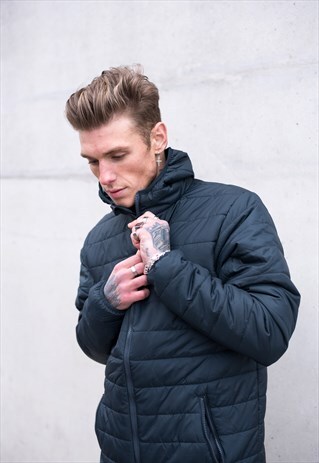 ESSENTIAL COLLARED ZIP UP PUFFER PADDED JACKET - NAVY BLUE