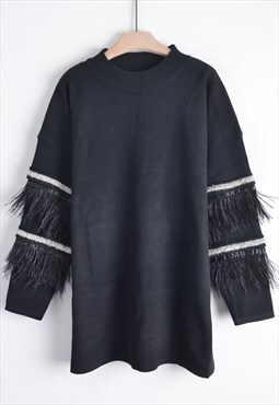Jumper with Feather and Sequin Embellished Sleeves in Black
